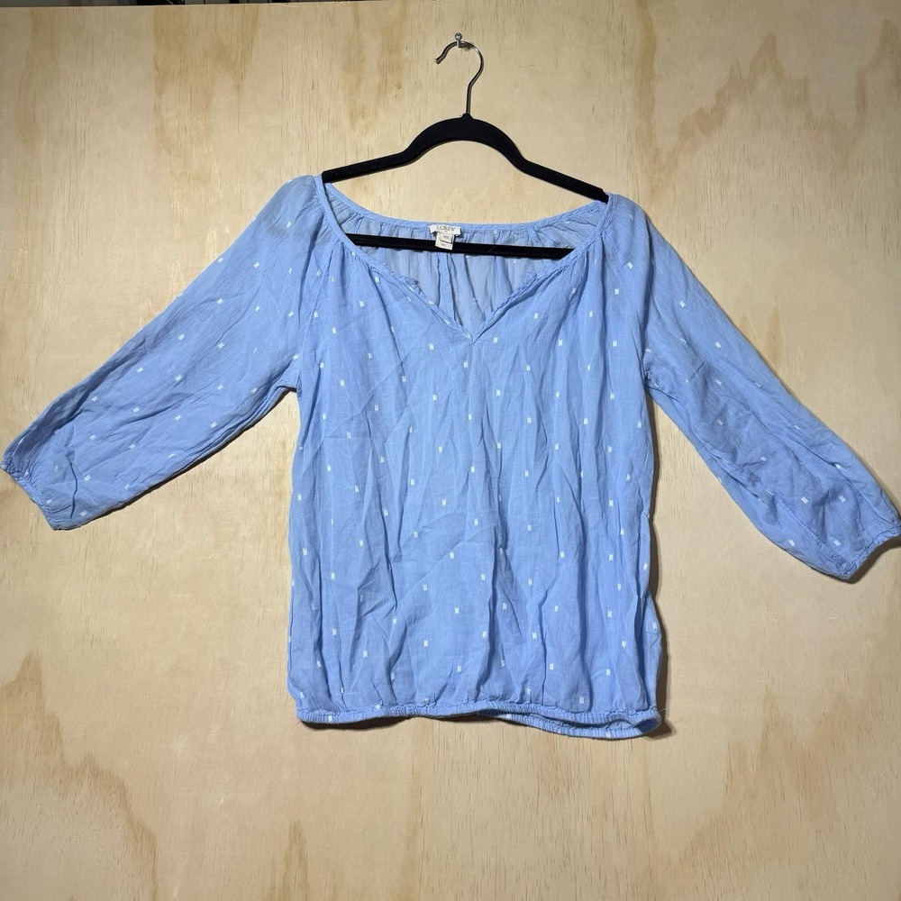 J.Crew Women's XS Blue White Dobby Print Blouse 3/4 Sleeve Split Neck Boho Top